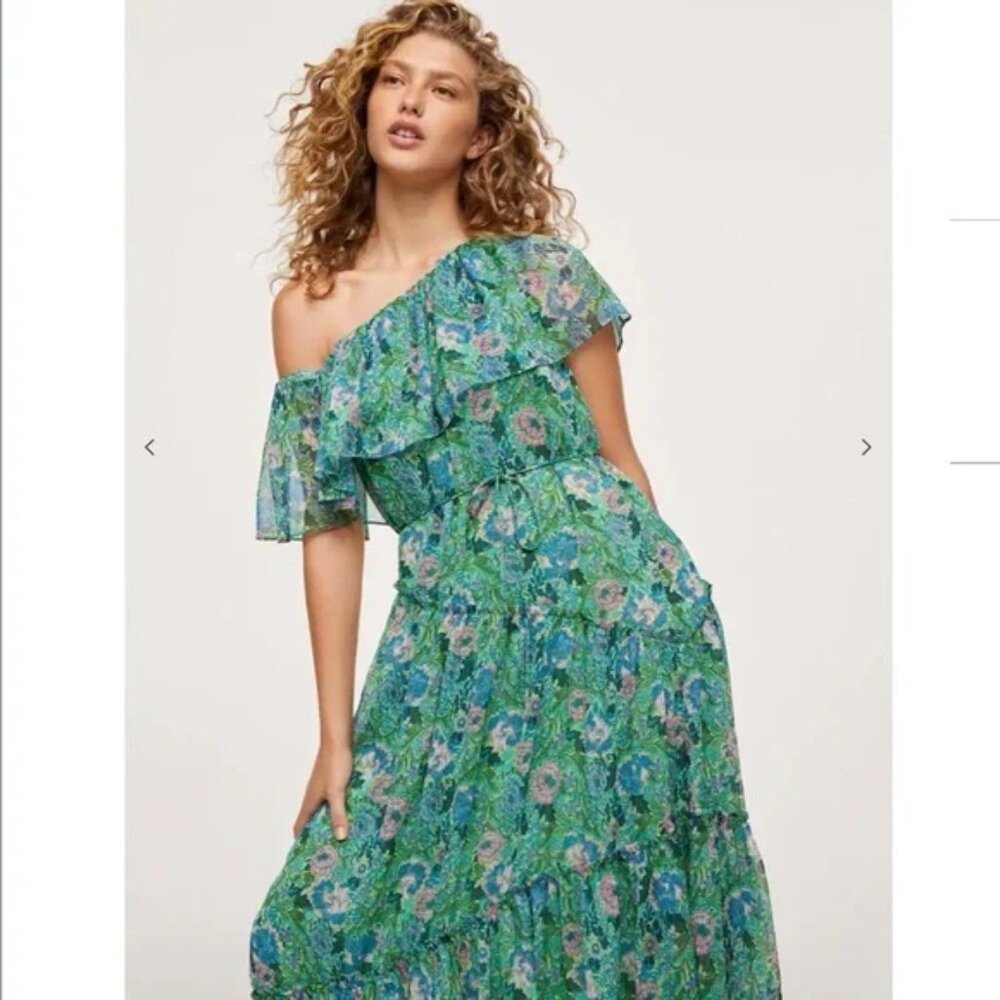NWT MANGO GREEN BOHEMIAN FLORAL SHOULDER MAXI DRESS  MEDIUM 6 💚💚💚